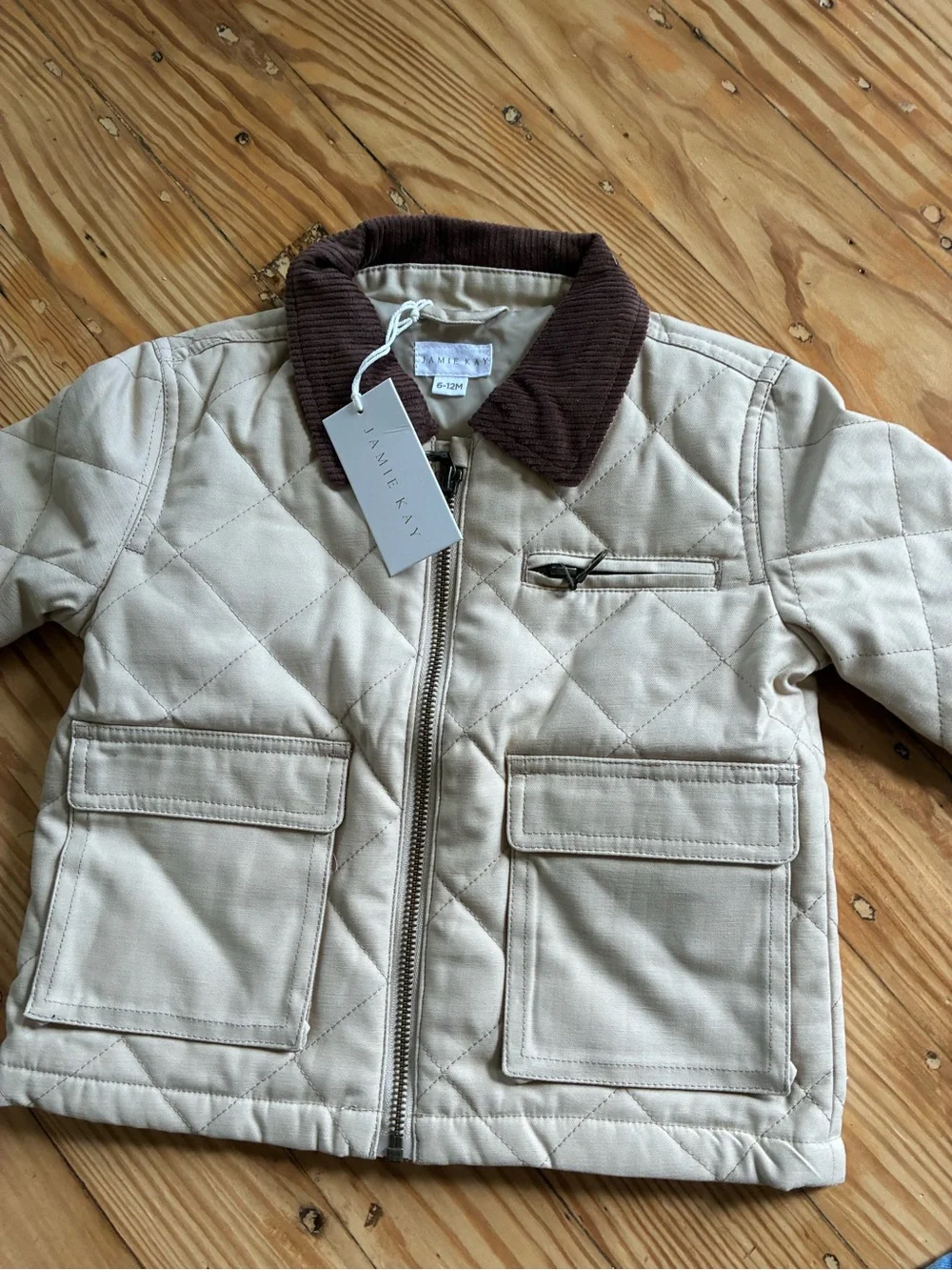 Jamie Kay Quilted Cream Jacket with Brown Corduroy Collar 6-12 months